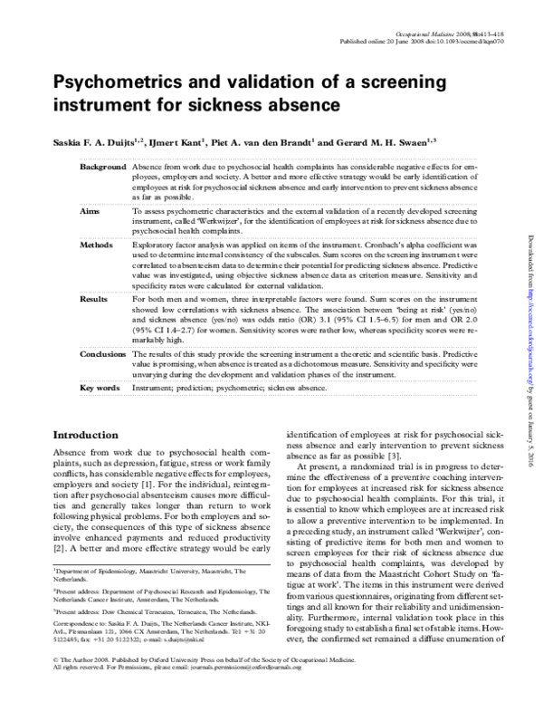  PDF Psychometrics And Validation Of A Screening Instrument For 
