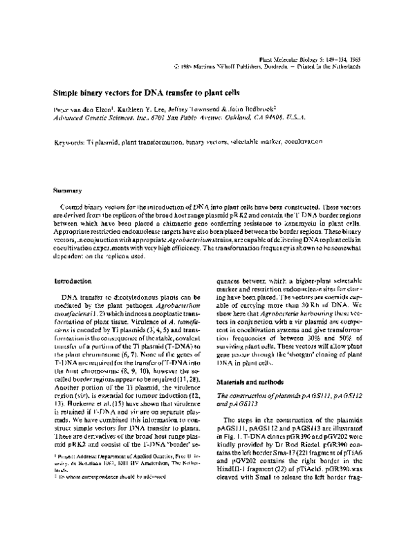 (PDF) Simple binary vectors for DNA transfer to plant cells
