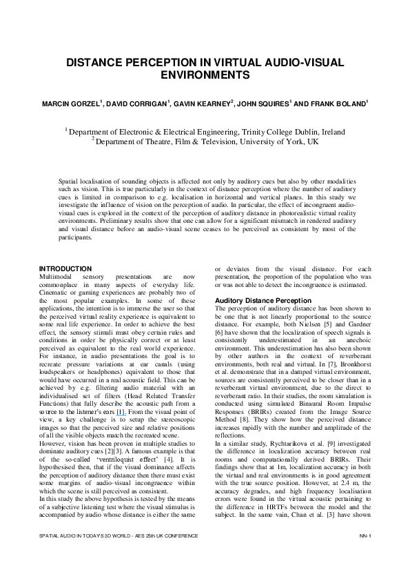 (PDF) Distance Perception in Virtual Audio-Visual Environments