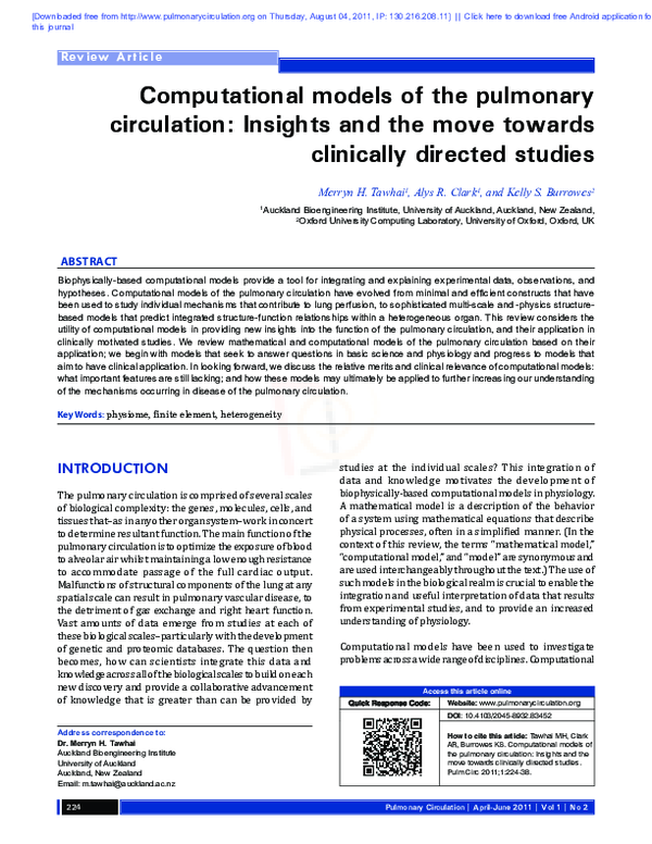 (PDF) Computational models of the pulmonary circulation: Insights and ...