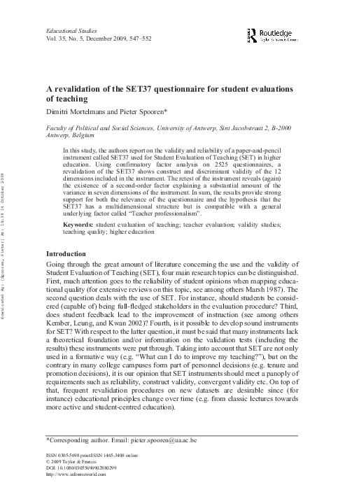 (PDF) A revalidation of the SET37 questionnaire for student evaluations ...
