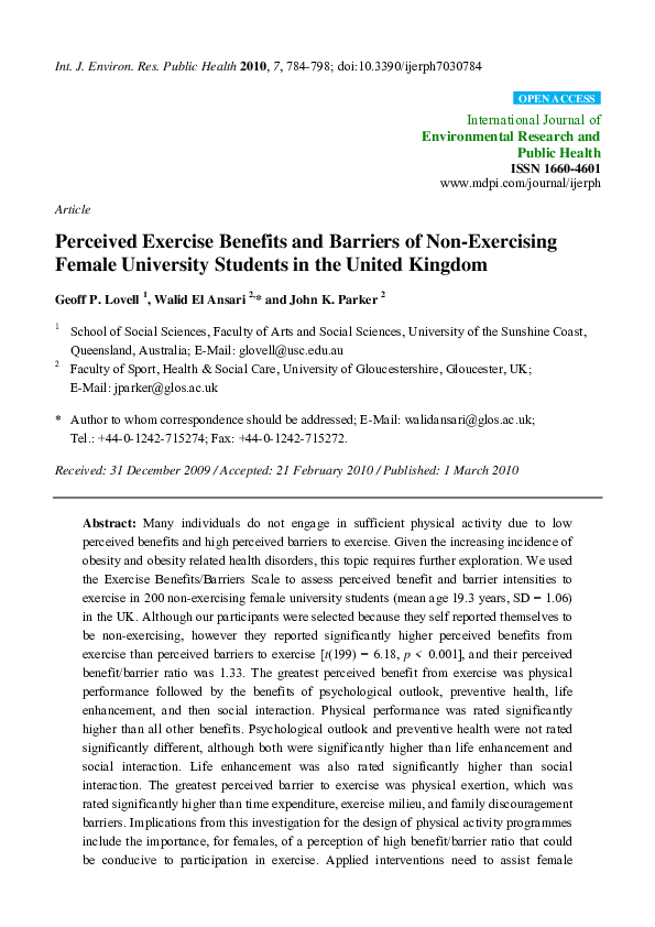 (PDF) Perceived Exercise Benefits and Barriers of Non-Exercising Female ...