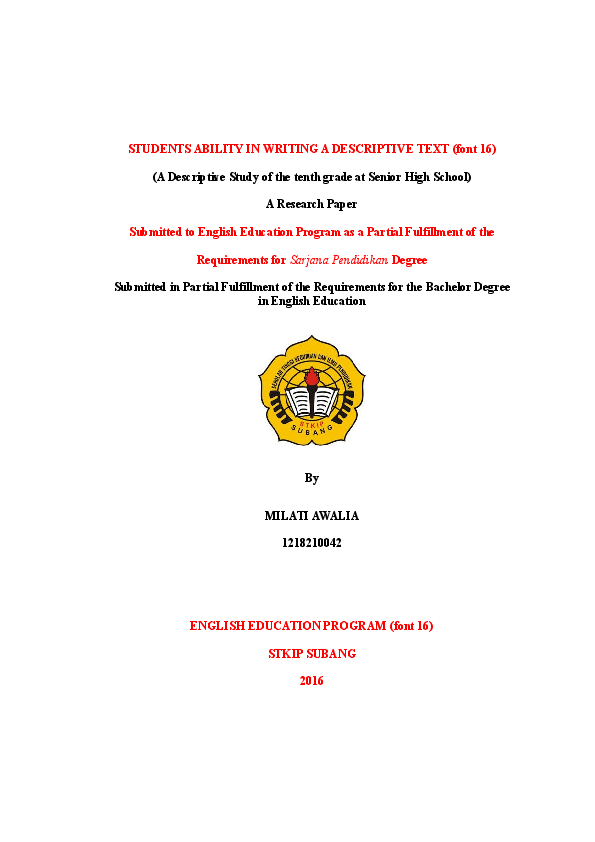 (DOC) STUDENTS ABILITY IN WRITING A DESCRIPTIVE TEXT (font 16) (A ...