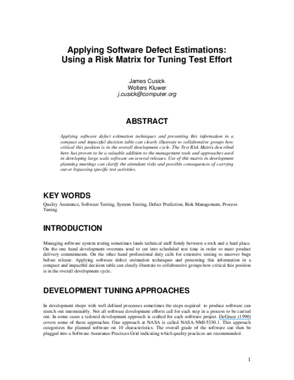 (PDF) Applying Software Defect Estimations: Using a Risk Matrix for ...
