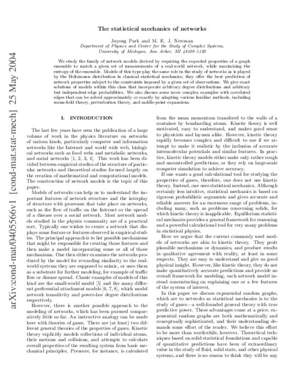 (PDF) Statistical mechanics of networks