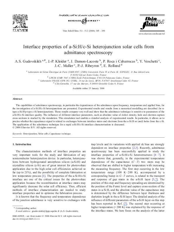 (PDF) Interface properties of a-Si:H/c-Si heterojunction solar cells ...