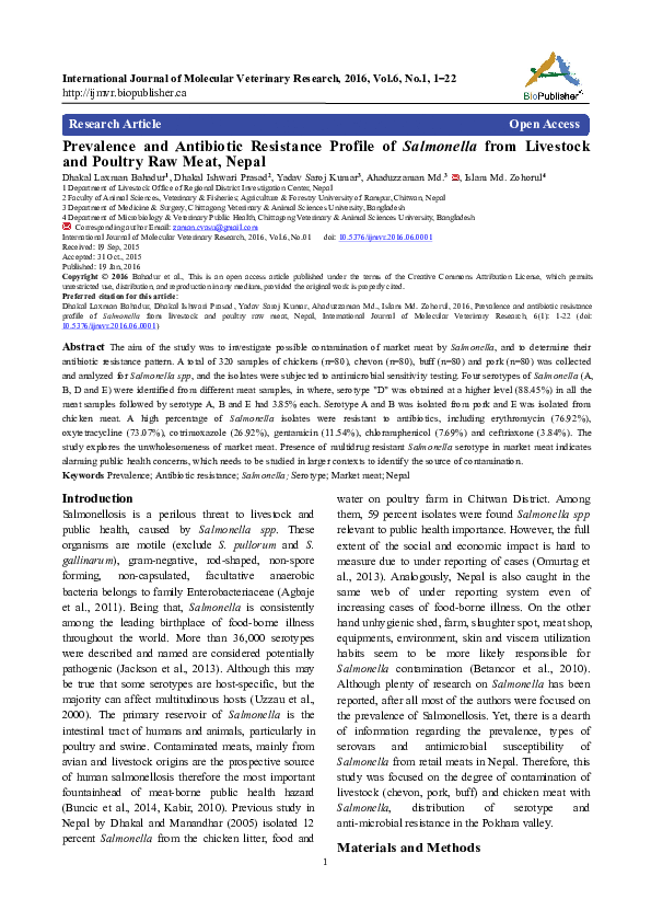 (PDF) Prevalence and Antibiotic Resistance Profile of Salmonella from ...