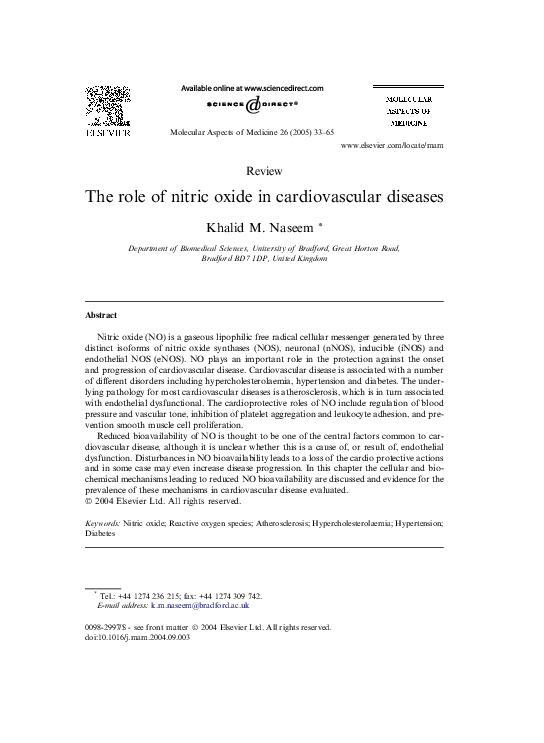 (PDF) The role of nitric oxide in cardiovascular diseases