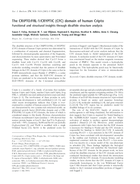 (PDF) The CRIPTO/FRL-1/CRYPTIC (CFC) domain of human Cripto
