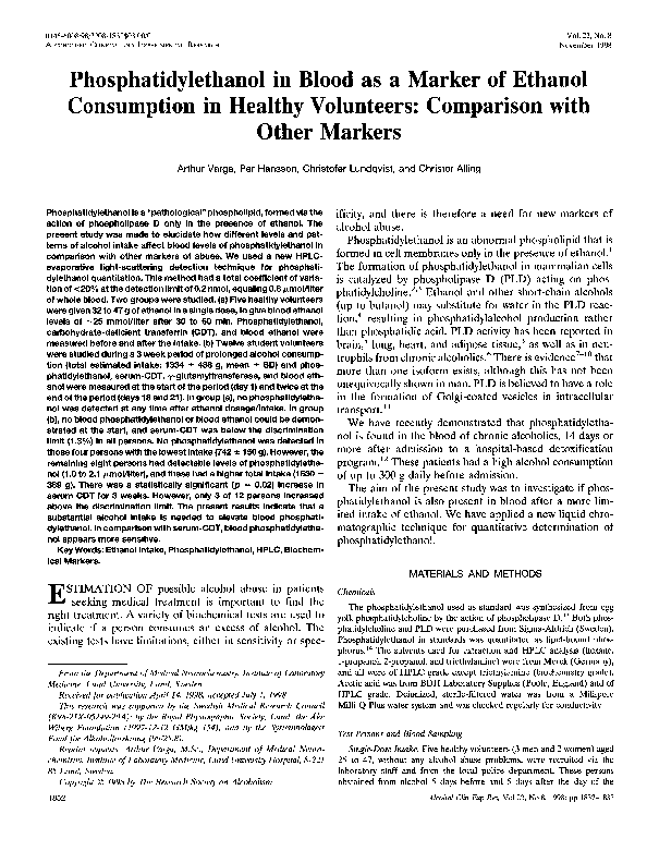 (PDF) Phosphatidylethanol in Blood as a Marker of Ethanol Consumption ...
