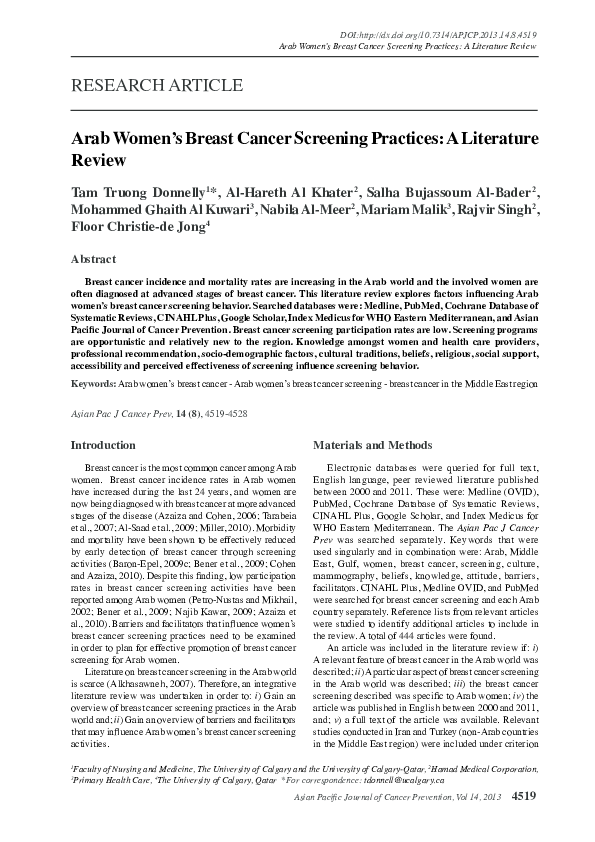 (PDF) Arab women's breast cancer screening practices: a literature review
