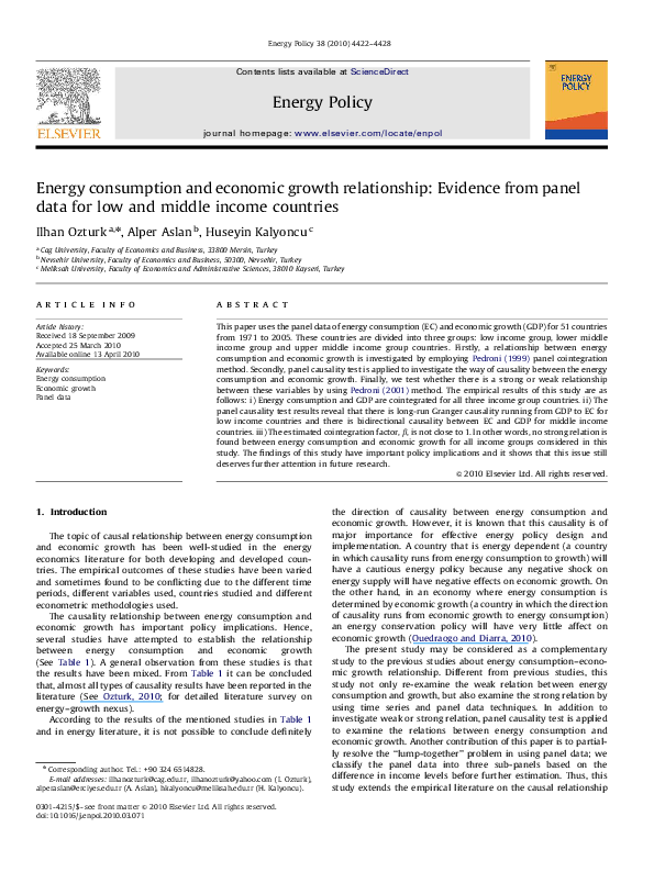 (PDF) Energy consumption and economic growth relationship: Evidence ...
