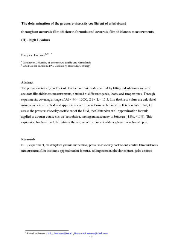 (PDF) The determination of the pressureviscosity coefficient of a