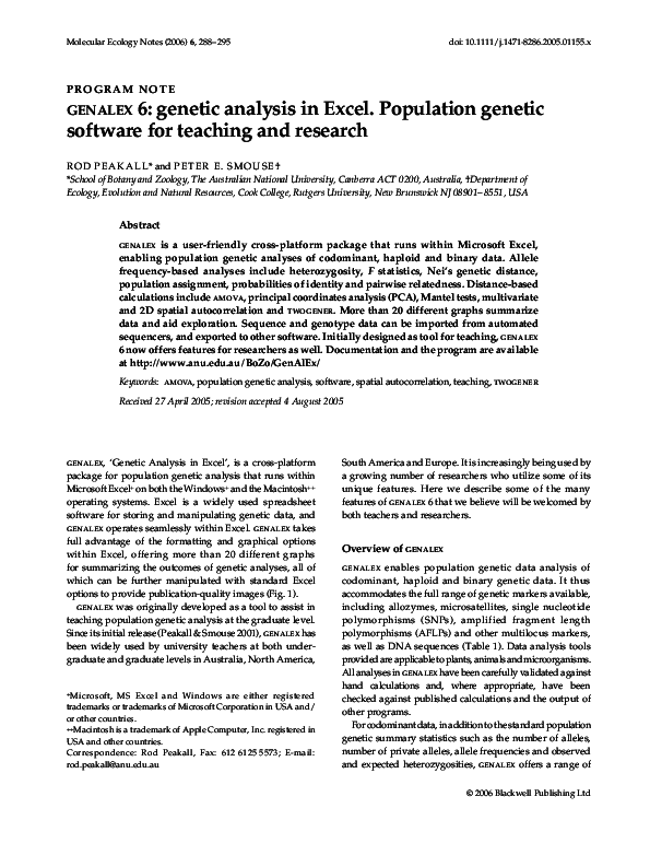 (PDF) genalex 6: genetic analysis in Excel. Population genetic software ...