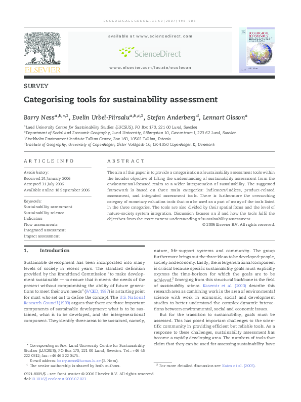 (PDF) Categorising tools for sustainability assessment