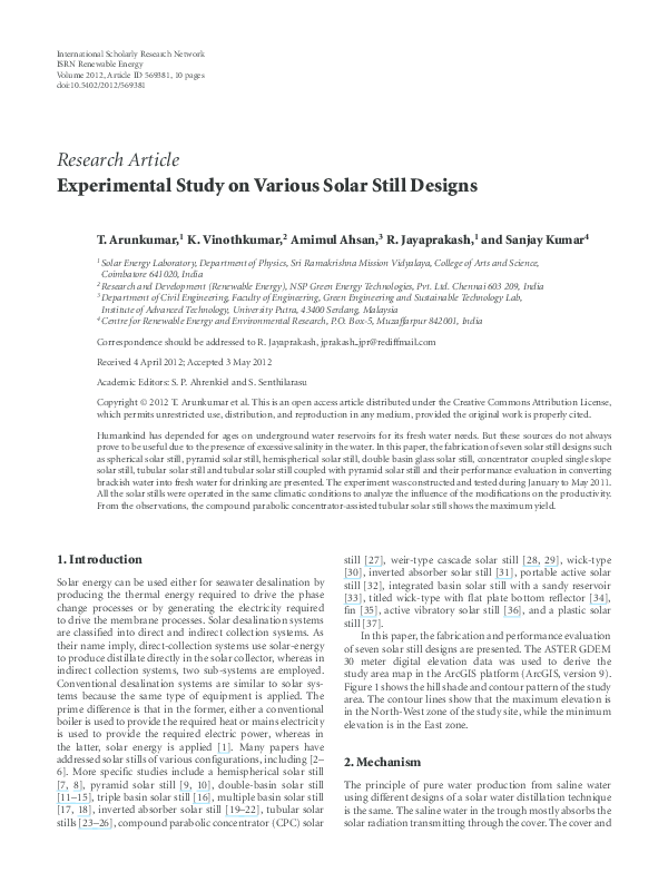 (PDF) Experimental Study on Various Solar Still Designs