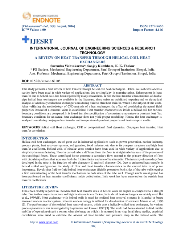 (PDF) A REVIEW ON HEAT TRANSFER THROUGH HELICAL COIL HEAT EXCHANGERS