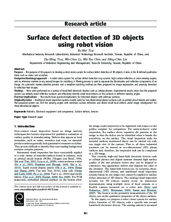 (PDF) Surface defect detection of 3D objects using robot vision