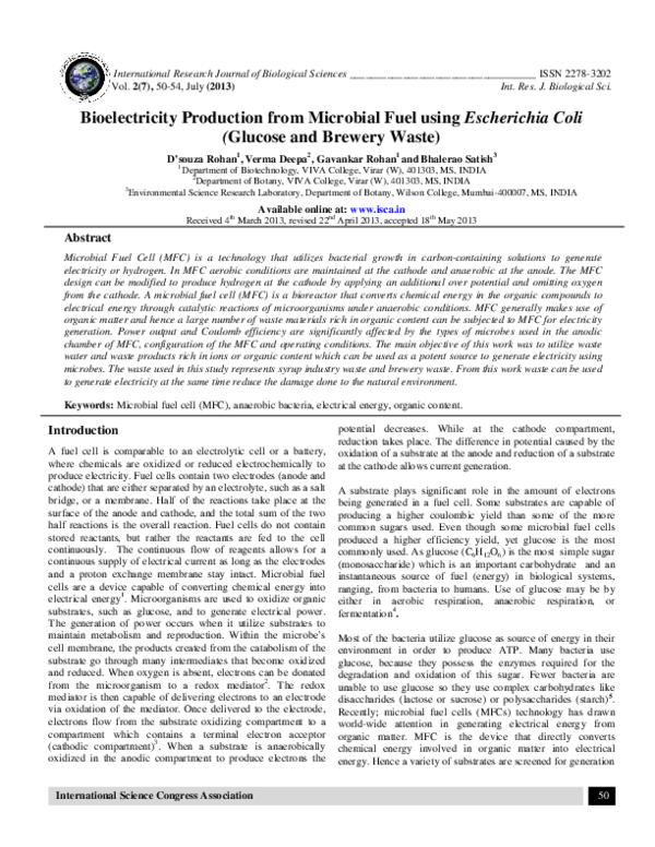(PDF) Bioelectricity Production from Microbial Fuel using Escherichia ...