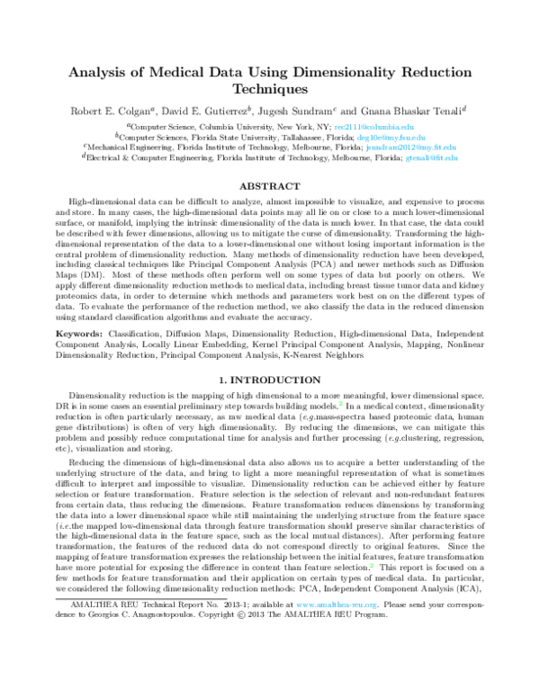 (PDF) Analysis of medical data using dimensionality reduction techniques