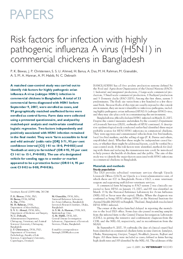 (PDF) Risk factors for infection with highly pathogenic influenza A ...