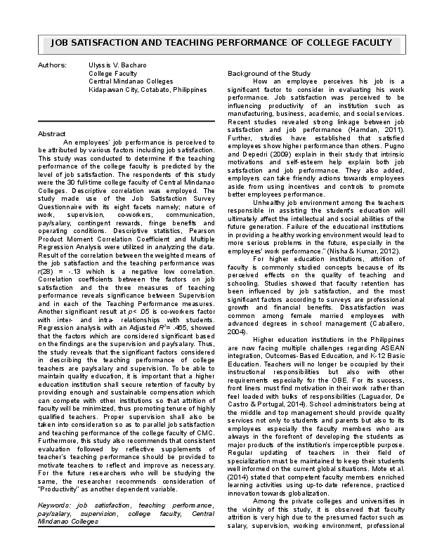 (DOC) JOB SATISFACTION AND TEACHING PERFORMANCE OF COLLEGE FACULTY