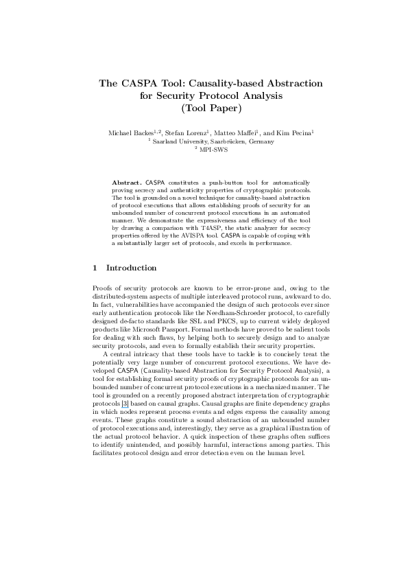 (PDF) The CASPA Tool: Causality-Based Abstraction for Security Protocol ...