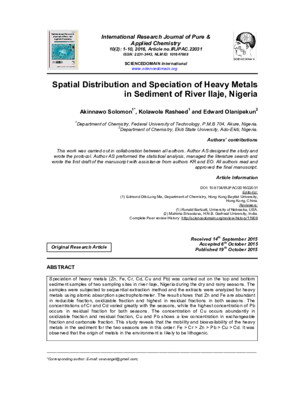 (PDF) Spatial Distribution and Speciation of Heavy Metals in Sediment ...