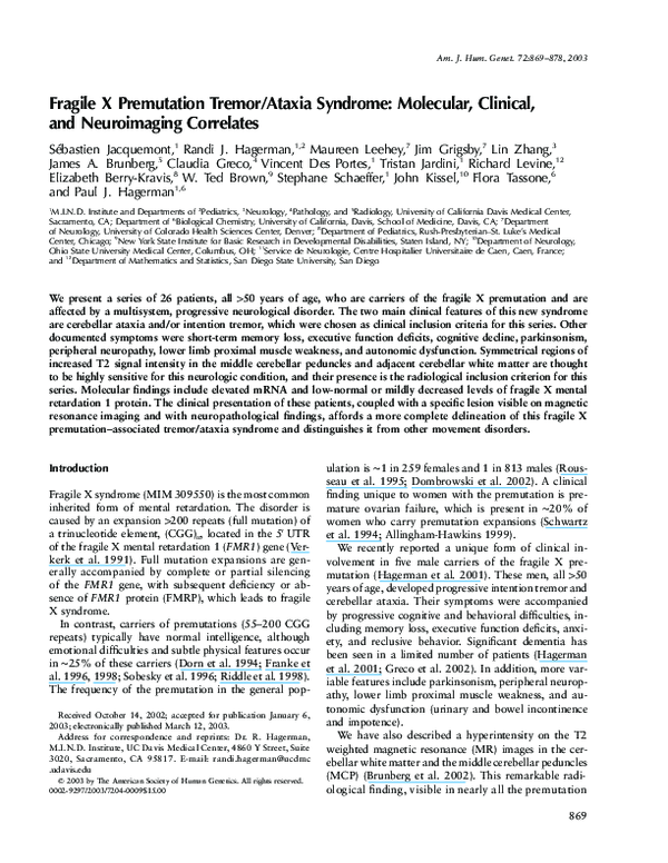 (PDF) Fragile X Premutation Tremor/Ataxia Syndrome: Molecular, Clinical ...