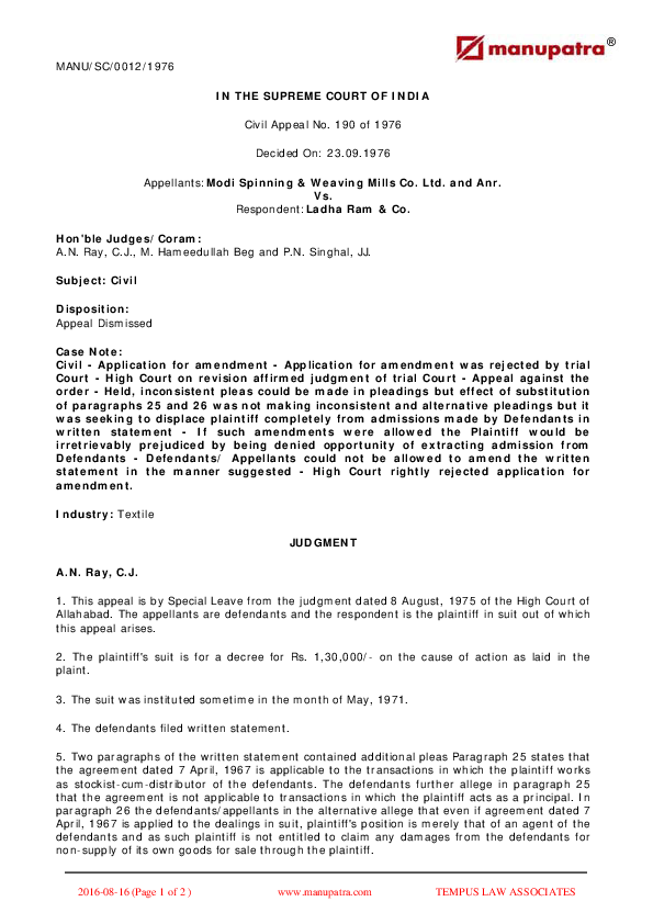 (PDF) Modi Spinning & Weaving Mills Co. Ltd. and Anr. V. Ladha Ram & Co