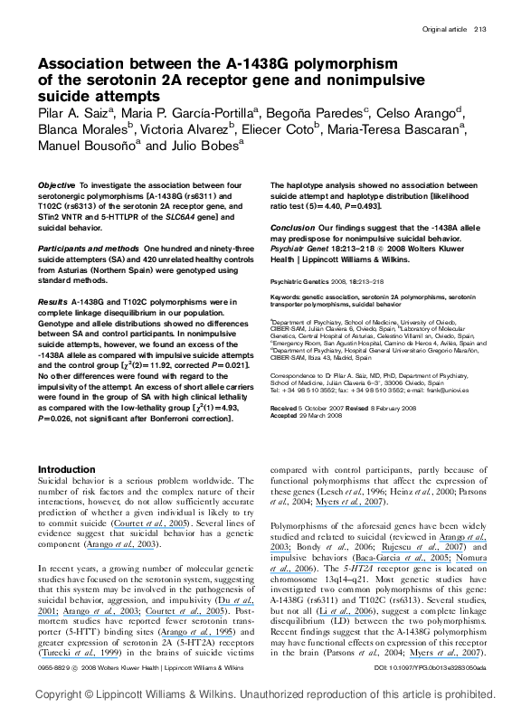 (PDF) Association between the A-1438G polymorphism of the serotonin 2A ...