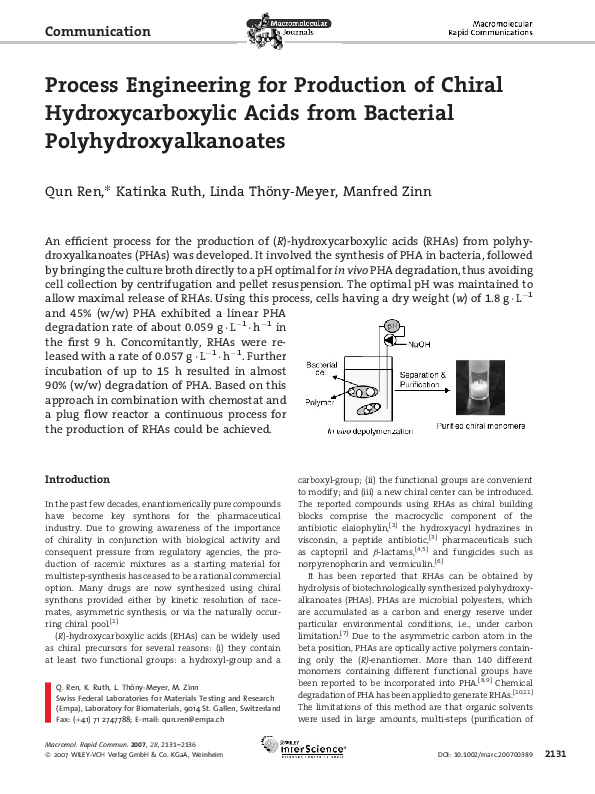 (PDF) Process Engineering for Production of Chiral Hydroxycarboxylic ...