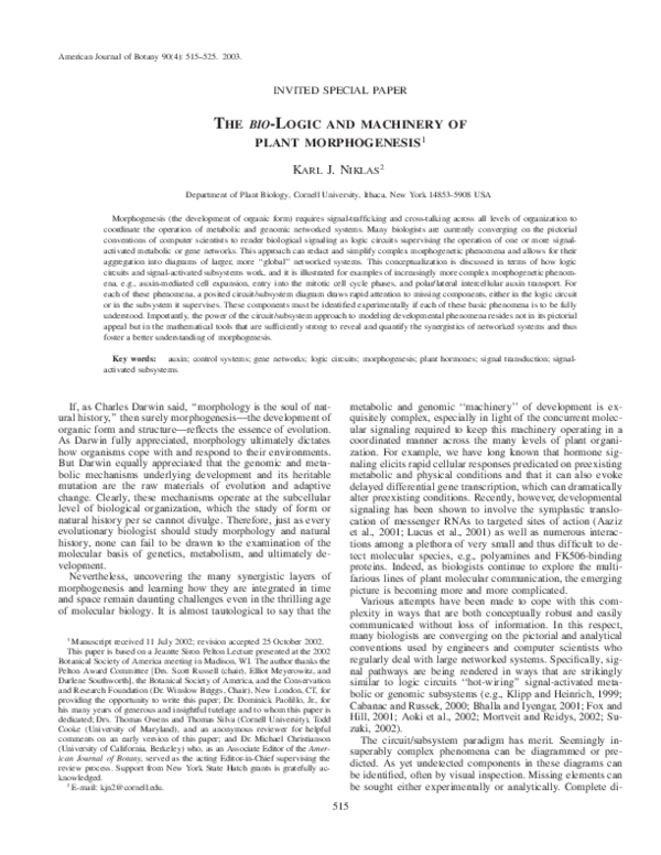 (PDF) The BioLogic and machinery of plant morphogenesis Karl Niklas