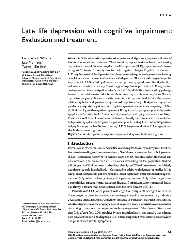 (PDF) Late life depression with cognitive impairment: Evaluation and ...