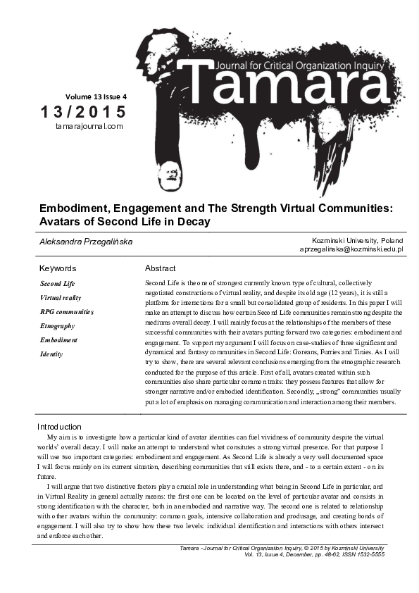 PDF) Embodiment, Engagement and The Strength Virtual Communities 