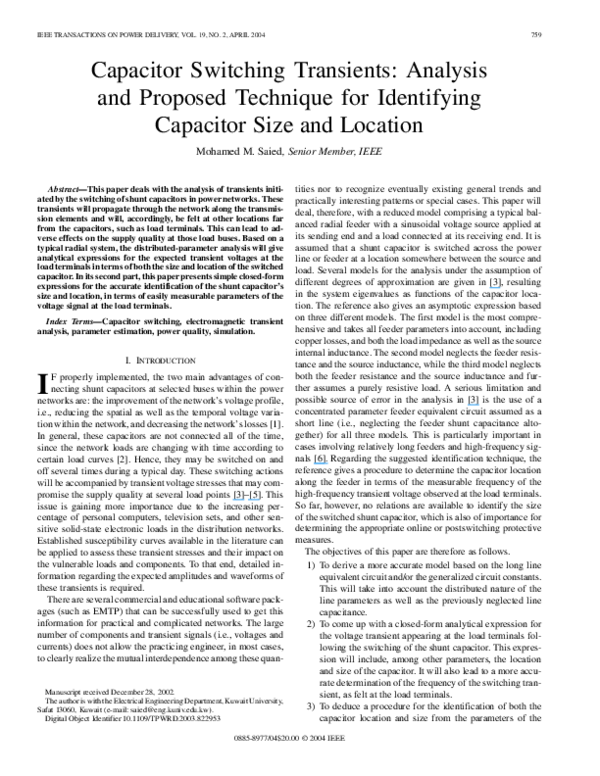 (PDF) Capacitor switching transients: analysis and proposed technique ...