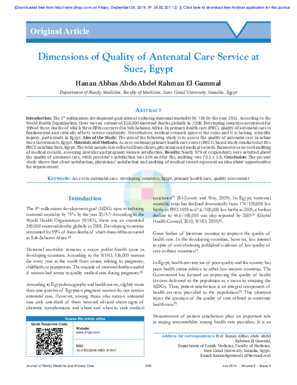 (PDF) Dimensions of Quality of Antenatal Care Service at Suez, Egypt