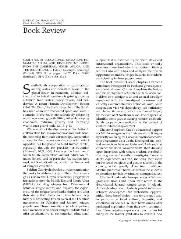 (PDF) Review of 'SouthSouth Educational Migration, Humanitarianism and