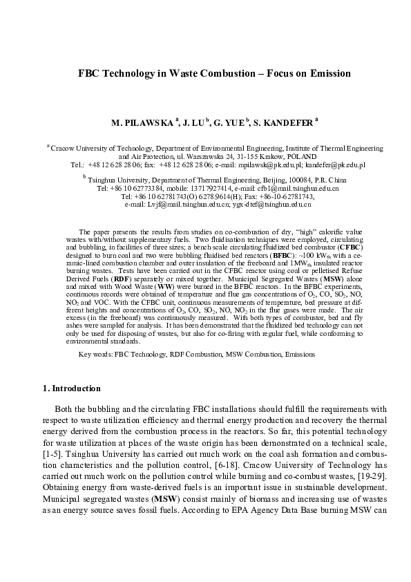 (PDF) FBC Technology in Waste Combustion – Focus on Emission