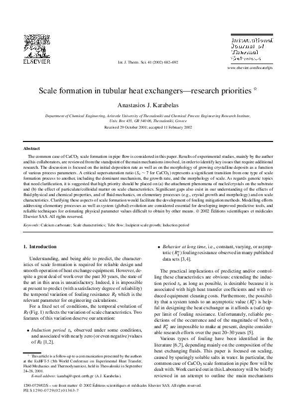 (PDF) Scale formation in tubular heat exchangers—research priorities