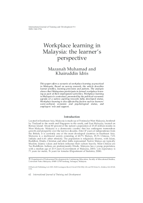 (PDF) Workplace learning in Malaysia: the learner's perspective
