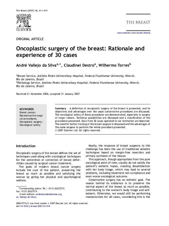 (PDF) Oncoplastic surgery of the breast: Rationale and experience of 30 ...
