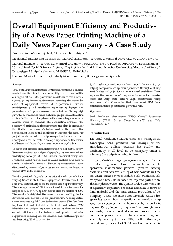 (PDF) Overall Equipment Efficiency and Productivity of a News Paper