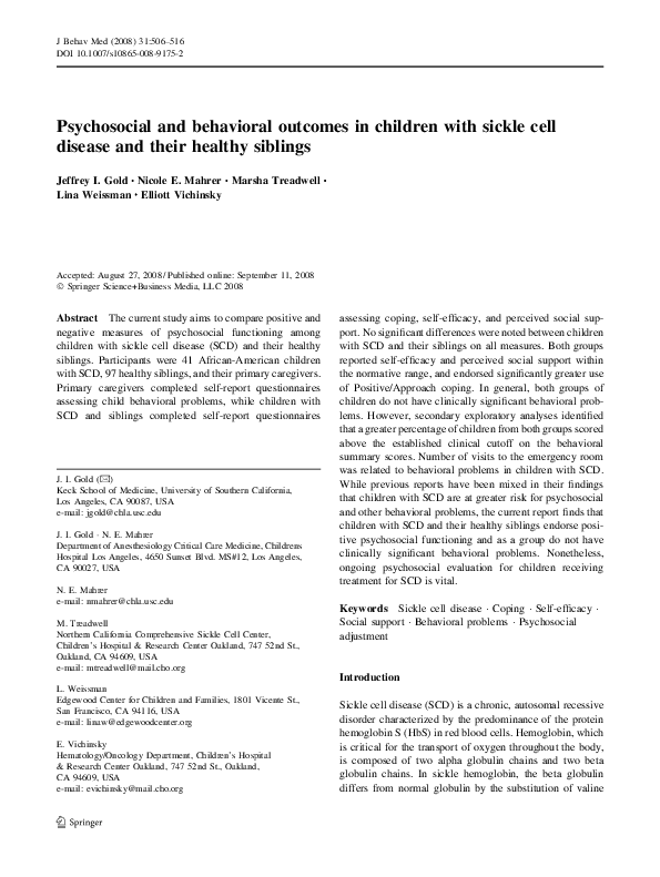 (PDF) Psychosocial and behavioral outcomes in children with sickle cell ...