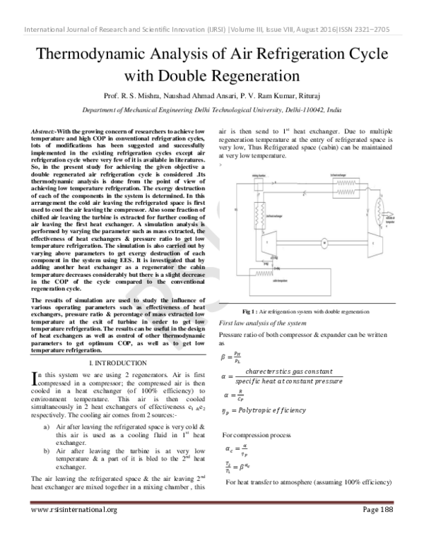 (PDF) Thermodynamic Analysis of Air Refrigeration Cycle with Double