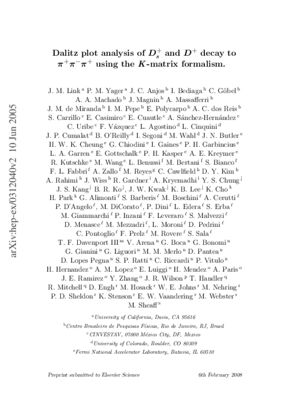 (PDF) Dalitz plot analysis of D s + and D + decay to π + π − π + using ...