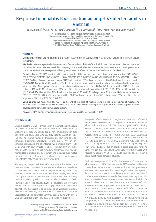 (PDF) Response to hepatitis B vaccination among HIV-infected adults in ...