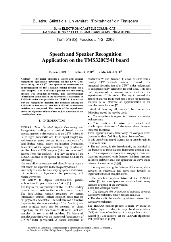 (PDF) Speech and Speaker Recognition Application on the TMS320C541 board