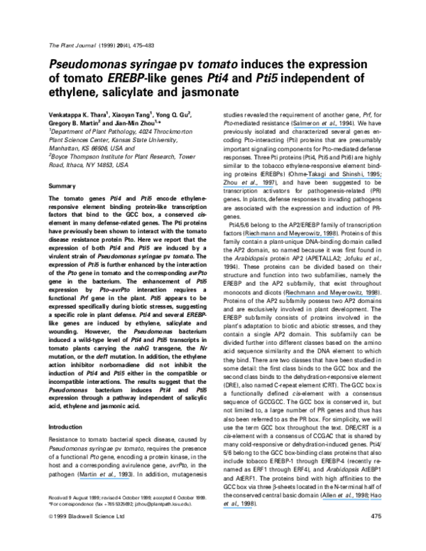 (PDF) Pseudomonas syringae pv tomato induces the expression of tomato ...