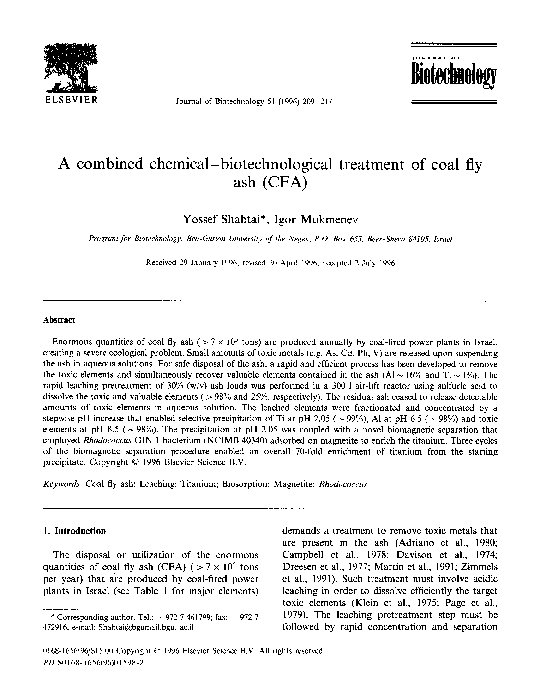 (PDF) A combined chemical-biotechnological treatment of coal fly ash (CFA